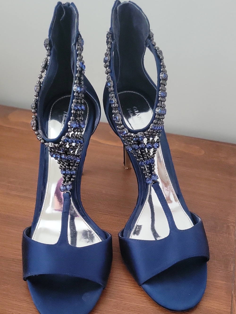 Gianni Bini Navy Beaded T-Strap Evening Heels